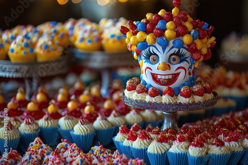 Carnival themed mishloach manot gifts featuring colorful cupcakes and a whimsical clown cake photo