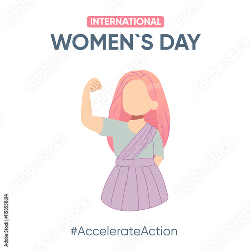 Simple postcard, banner, poster girl showing biceps, strength, action, international womens day