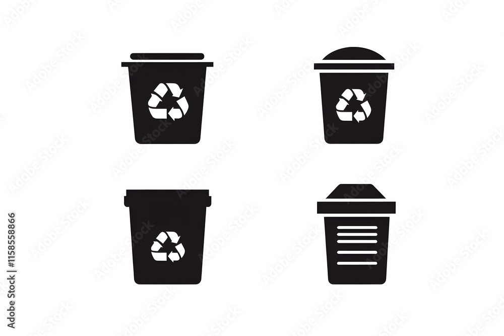 Set of black recycling and trash bin icons; perfect for eco-friendly, waste management, sustainability, sorting, and environmental awareness designs or projects Set of black recycling and trash bin icons; perfect for eco-friendly, waste management, sustainability, sorting, and environmental awareness designs or projects