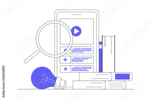 Business research and learning with online video training, tutorial podcast and magnifying glass. Flat Cartoon Vector Illustration, icon. Stylish abstract Blue 