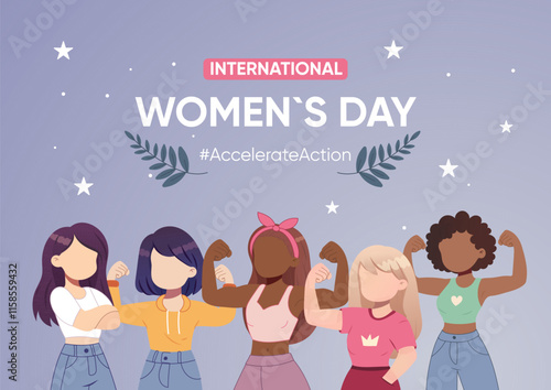 Simple postcard, banner, poster girls show biceps, accelerate action, womens international day, diversity
