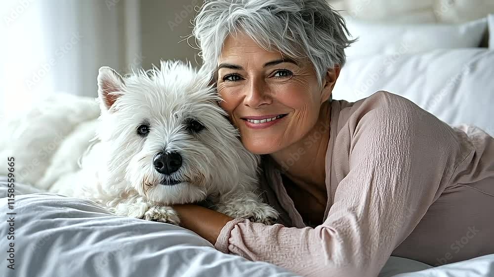Senior Woman with Dog in Cozy Bedroom Relaxation Scene Senior Woman with Dog in Cozy Bedroom Relaxation Scene