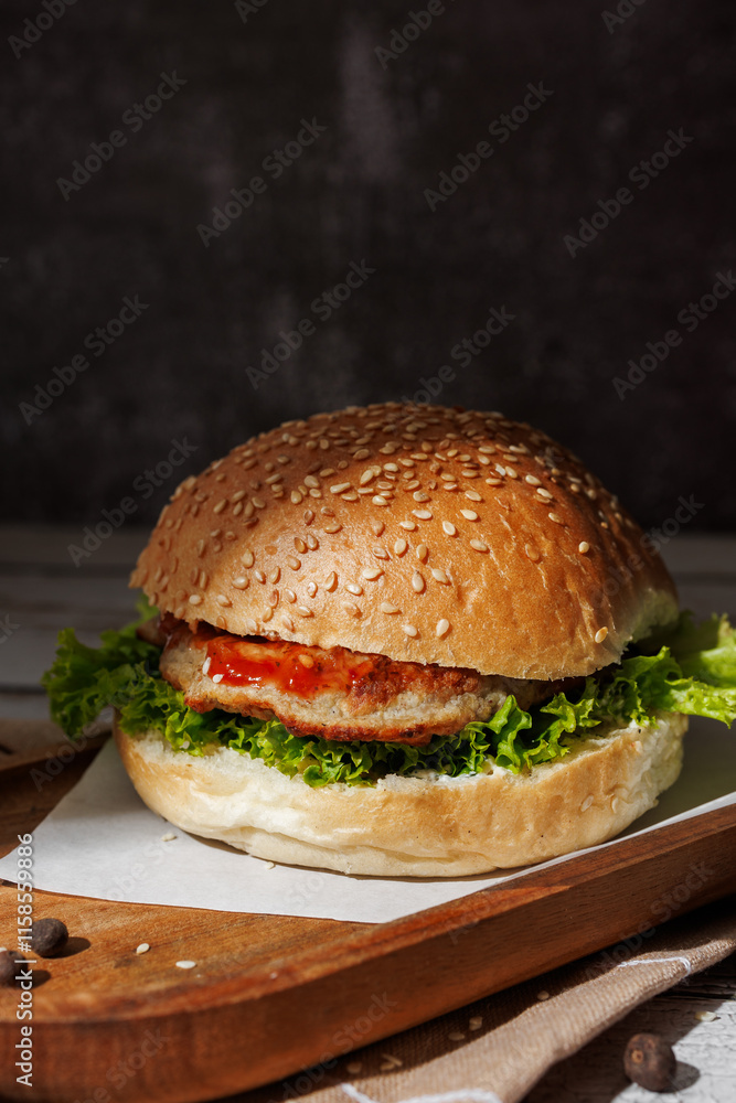 hamburger with green salad, tartar sauce, ketchup, sesame bun, on a dark background with sauces, fast food, snack hamburger with green salad, tartar sauce, ketchup, sesame bun, on a dark background with sauces, fast food, snack