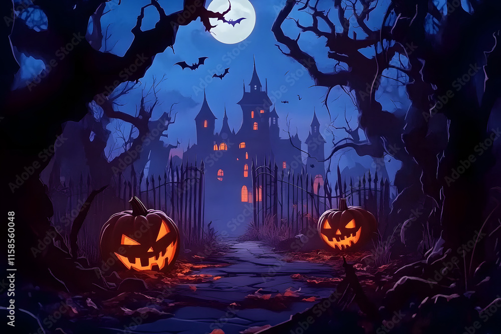 Spooky Halloween scene with glowing jack-o'-lanterns, eerie haunted mansion, twisted trees, and a full moon; perfect for Halloween, horror, and seasonal decorations Spooky Halloween scene with glowing jack-o'-lanterns, eerie haunted mansion, twisted trees, and a full moon; perfect for Halloween, horror, and seasonal decorations
