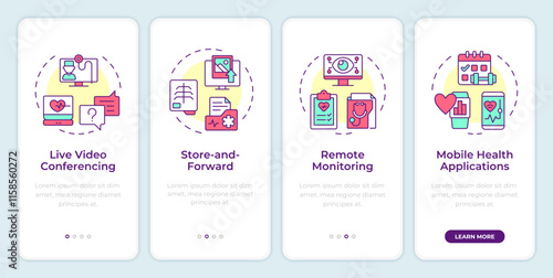 Types of telehealth services onboarding mobile app screen. Walkthrough 4 steps editable graphic instructions with linear concepts. UI, UX, GUI template. Montserrat SemiBold, Regular fonts used