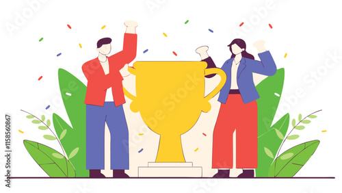 Business Team Rejoicing Around a Giant Trophy for Accomplishments