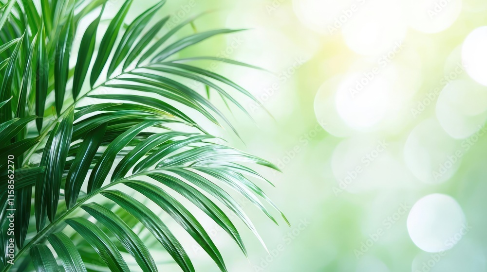 Obraz premium Palm leaves abstract background concept. Vibrant green palm leaves with a soft, blurred background creating a tranquil atmosphere.