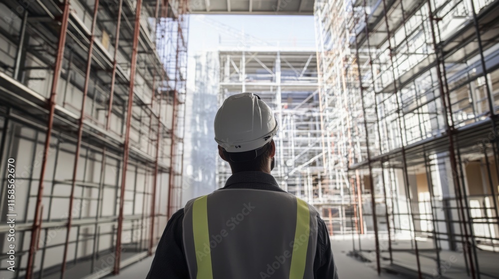 A construction worker wearing a helmet and safety vest inspects a developing real estate project surrounded by scaffolding. The structure is in the final stages under clear blue skies. A construction worker wearing a helmet and safety vest inspects a developing real estate project surrounded by scaffolding. The structure is in the final stages under clear blue skies.