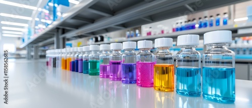 Colorful laboratory liquids in glass bottles arranged on a clean lab bench with modern design and bright lighting