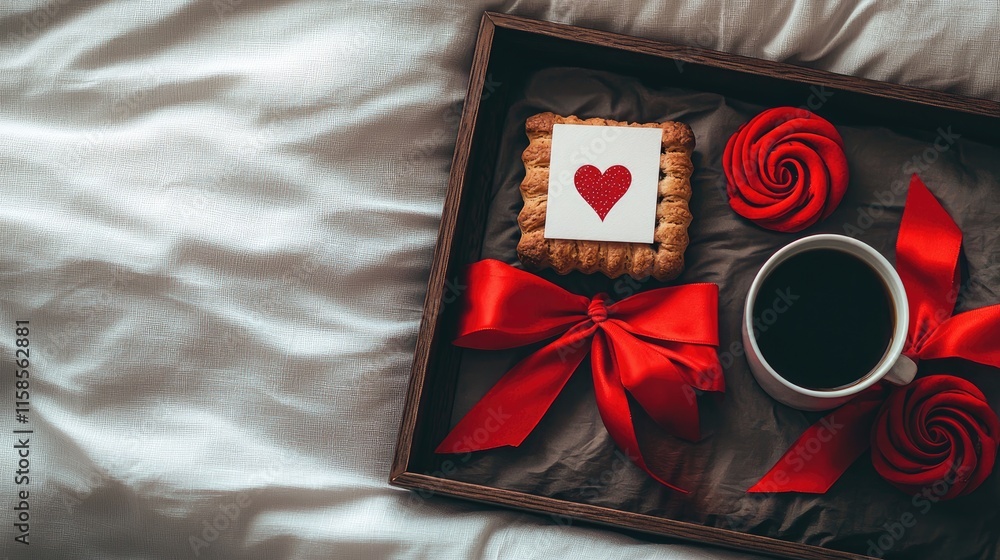 Obraz premium Romantic breakfast in bed heart-shaped treats coffee and red accents cozy bedroom intimate atmosphere