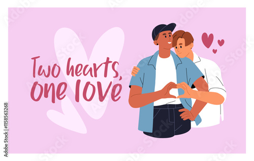 Valentine's Day card design. Romantic couple of gays hugs on template of 14 February postcard. Happy lovers, LGBT beloveds love each other, hug, gesturing heart together. Flat vector illustration