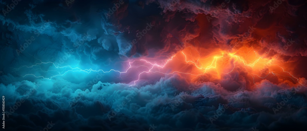 Dramatic Lightning Strikes in Fiery and Cool Clouds Creating a Striking Contrast in an Enigmatic Atmosphere Dramatic Lightning Strikes in Fiery and Cool Clouds Creating a Striking Contrast in an Enigmatic Atmosphere
