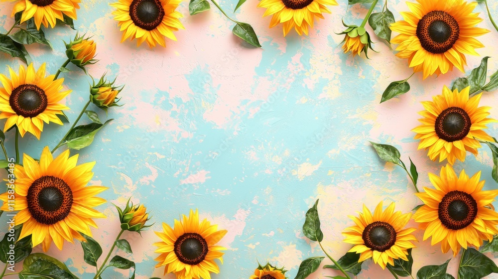 Obraz premium Bright and Cheerful Sunflowers Framed on Soft Blue Background Creating a Vibrant Floral Display for Creative Projects and Celebrations