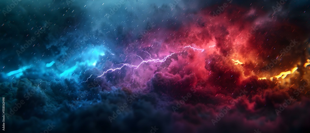 Fototapeta premium Dynamic Lightning Strikes Through Colorful Stormy Clouds and Rain in a Dramatic Atmospheric Scene