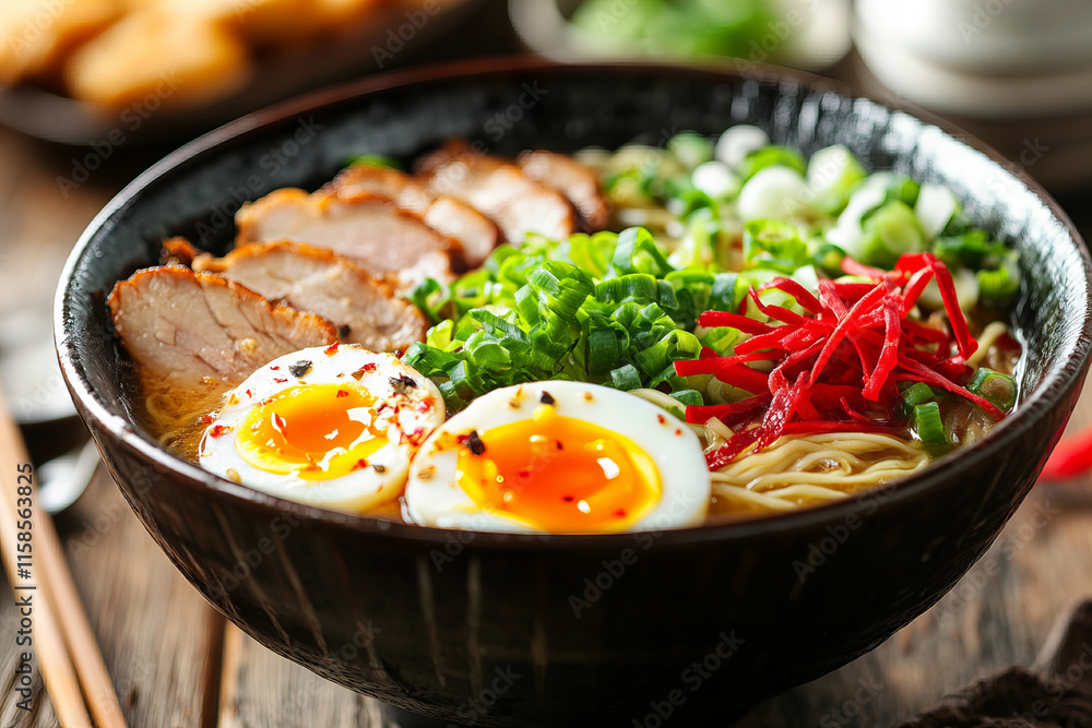 Delicious Japanese ramen bowl with pork, boiled egg, green onions, and seaweed served in a traditional black bowl, showcasing authentic Asian cuisine and gourmet dining inspiration Delicious Japanese ramen bowl with pork, boiled egg, green onions, and seaweed served in a traditional black bowl, showcasing authentic Asian cuisine and gourmet dining inspiration