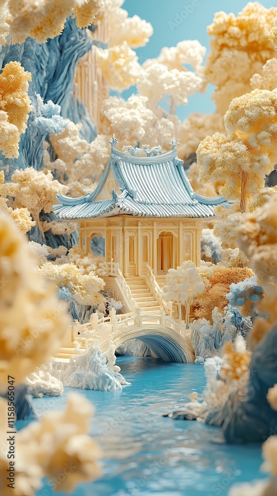 Fototapeta premium Paper art garden house landscape illustration poster background