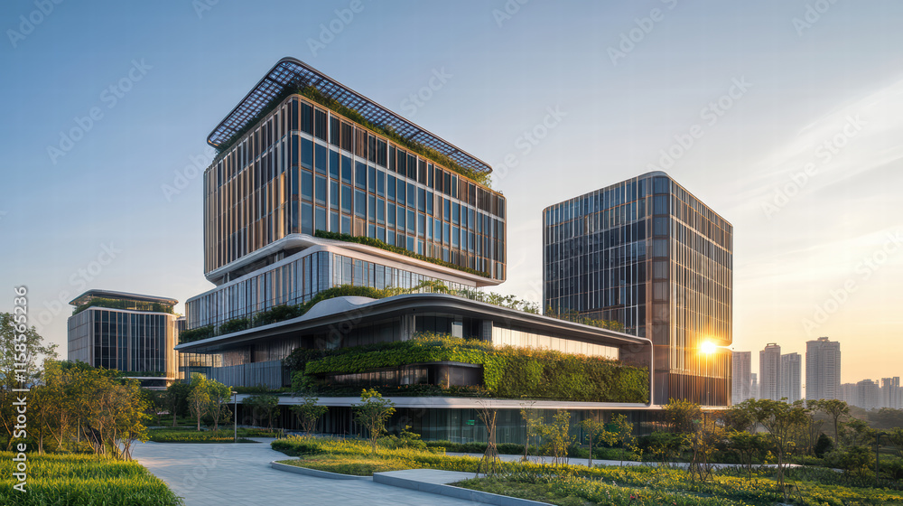 modern office building featuring vertical gardens and solar panels, surrounded by greenery and bathed in warm sunlight. architectural design emphasizes sustainability and innovation modern office building featuring vertical gardens and solar panels, surrounded by greenery and bathed in warm sunlight. architectural design emphasizes sustainability and innovation