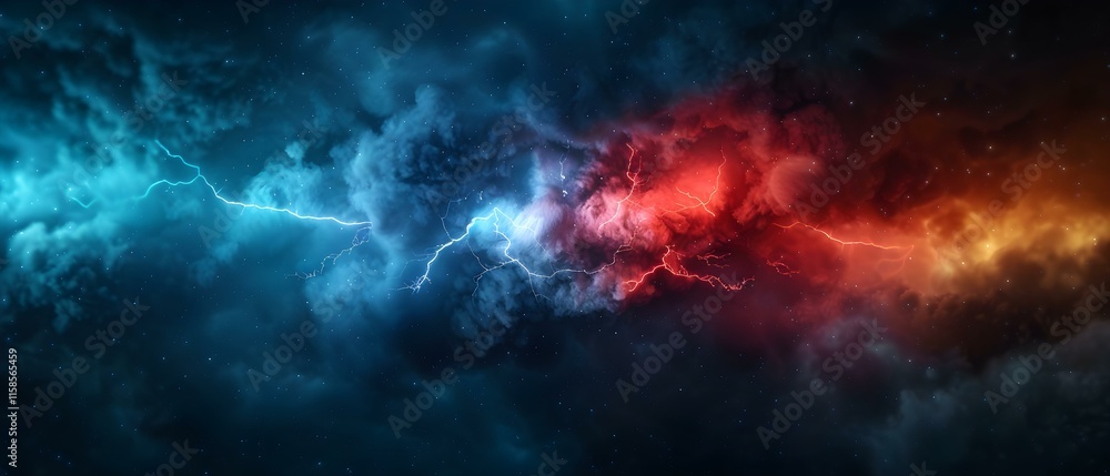 Fototapeta premium Dramatic Lightning Strikes Amidst Colorful Stormy Clouds in a Night Sky