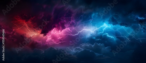 Dramatic Thunderstorm Overhead with Colorful Lightning Strikes Illuminating Dark Clouds Night Sky