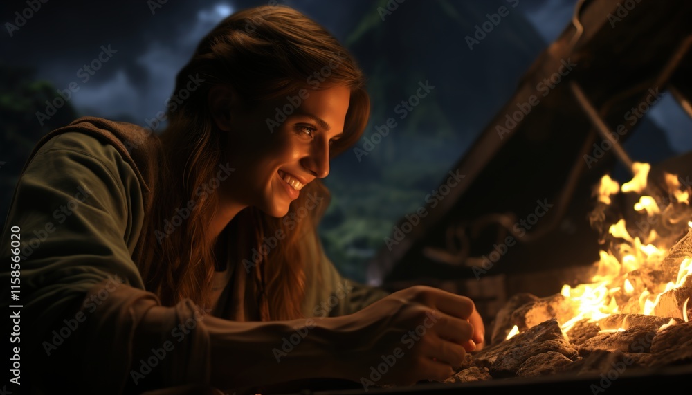 Young and cheerful couple sitting at the fireplace Young and cheerful couple sitting at the fireplace