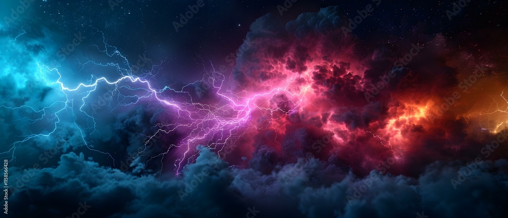 Vibrant Lightning Strikes Amidst Dramatic Colorful Clouds in a Cosmic Sky Scene Vibrant Lightning Strikes Amidst Dramatic Colorful Clouds in a Cosmic Sky Scene