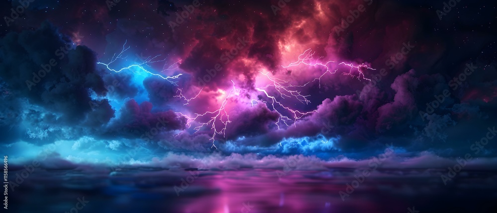 Fototapeta premium Colorful Thunderstorm Over Ocean with Dramatic Clouds and Lightning Strikes in a Night Sky