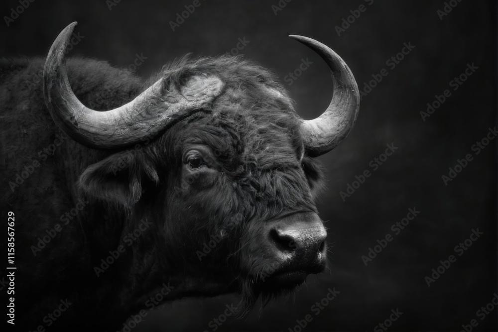 Fototapeta premium Black and white portrait of a buffalo facing right, with dark fur, curved horns, and black background. Low angle shot.