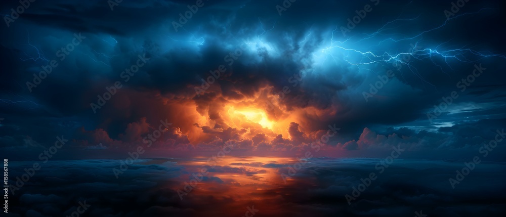 Dramatic Storm Clouds Illuminated by Fiery Sunset Over Calm Ocean Waters with Lightning Strikes Dramatic Storm Clouds Illuminated by Fiery Sunset Over Calm Ocean Waters with Lightning Strikes