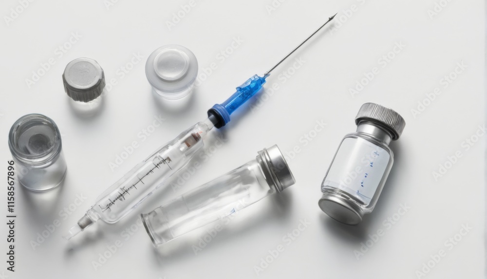 Medical Equipment Set with Syringe, Vial, and Bottles in Clear Plastic on White Background, TopDown View Medical Equipment Set with Syringe, Vial, and Bottles in Clear Plastic on White Background, TopDown View