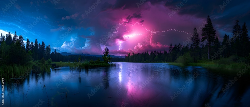 Majestic Stormy Sky Over Calm Lake with Lightning and Dramatic Cloud Formation at Dusk Majestic Stormy Sky Over Calm Lake with Lightning and Dramatic Cloud Formation at Dusk