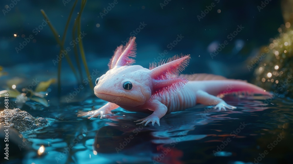 Albino axolotl in dark aquatic environment. Albino axolotl in dark aquatic environment.