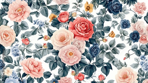 A rich and ornate seamless floral pattern crafted in vector style and displayed on a white background.  photo