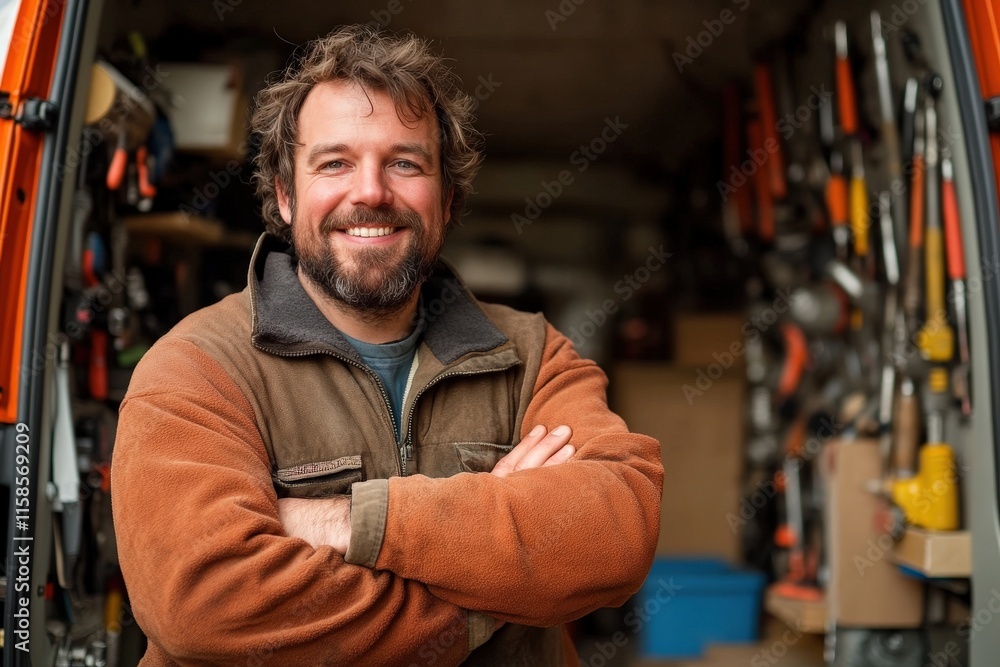 Handyman Smiling in Workshop Home Garage Portrait Indoor Close-up DIY Enthusiasm Handyman Smiling in Workshop Home Garage Portrait Indoor Close-up DIY Enthusiasm