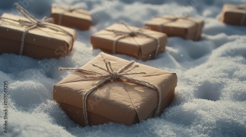 Rustic gifts wrapped in kraft paper and twine, nestled in fresh snow.