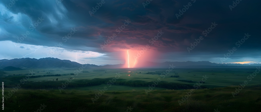 Naklejka premium Majestic Thunderstorm with Lightning Striking Over Green Landscape During Dramatic Evening Sky