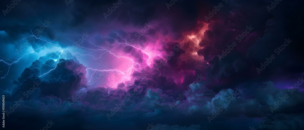 Dramatic Thunderstorm Clouds with Vibrant Lightning Strikes Illuminating the Night Sky in Various Shades of Blue and Pink Dramatic Thunderstorm Clouds with Vibrant Lightning Strikes Illuminating the Night Sky in Various Shades of Blue and Pink