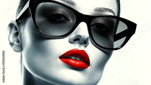 Stylish Woman with Cat Eye Sunglasses on White Background