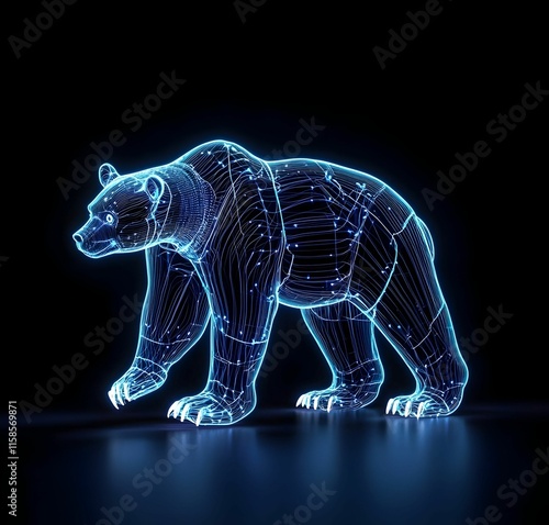 Digital bear formed from intricate blue lines, representing strength and creativity in a modern abstract style.