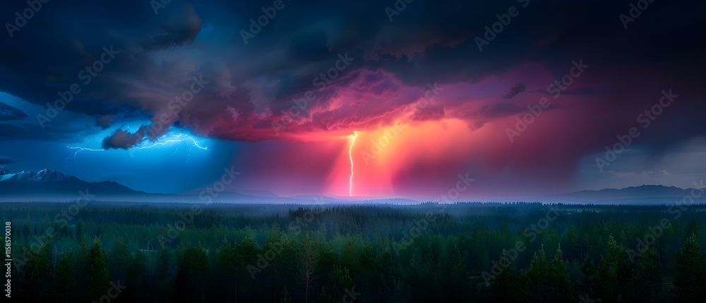 Fototapeta premium Dramatic Thunderstorm with Lightning Strikes Over a Lush Forest Landscape at Dusk