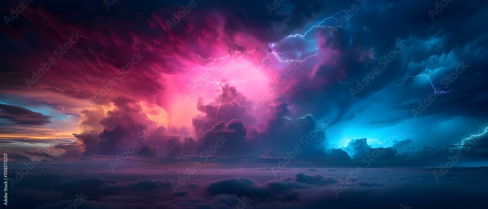 Fototapeta premium Dramatic Cloudscape with Colorful Lightning Illuminating a Twilight Sky Above the Horizon at Dusk