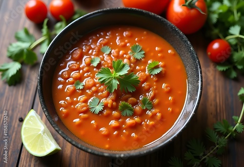 Traditional Maghreb, Moroccan and Algerian tomato soup Harira and ingredients. Served with figs. Ramadan food. Traditional Jewish cuisine
 photo