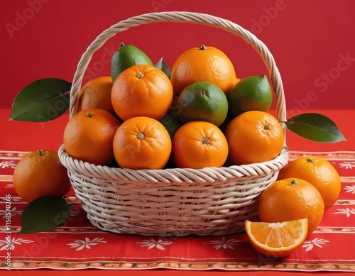 Lunar Citrus Basket on Red Table Runner photo