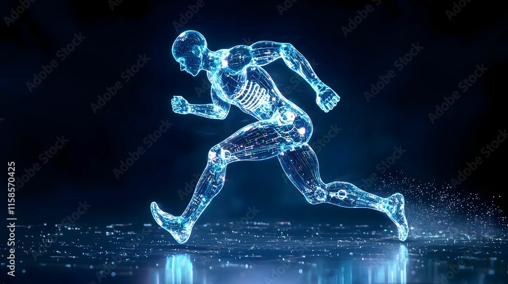 Fototapeta premium Dynamic digital human figure in motion, representing the fusion of technology and movement, embodying innovation and progress.