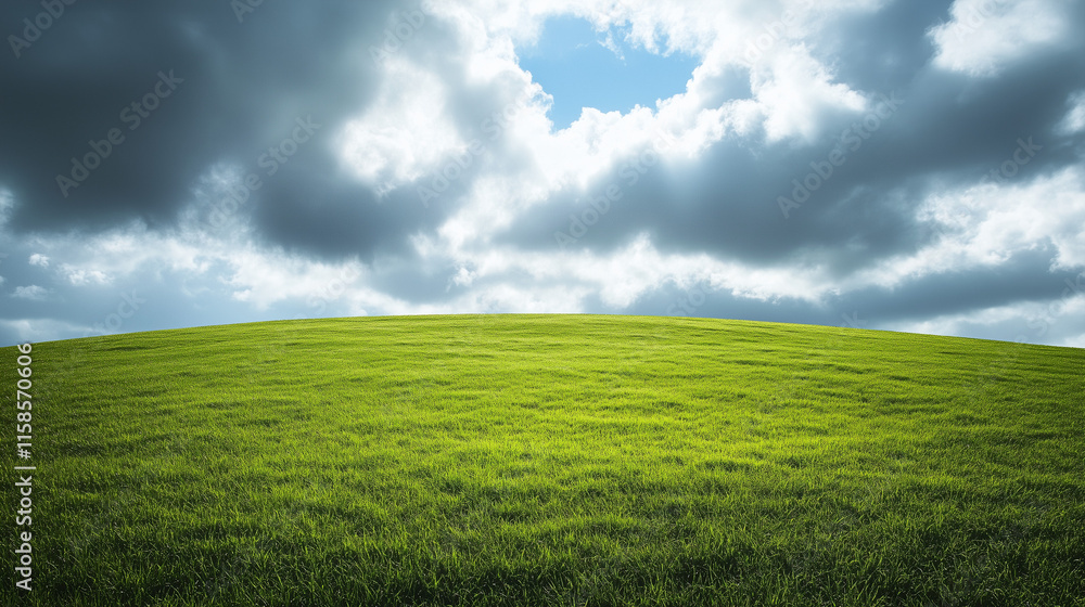 Fototapeta premium Rozległe wzgórza z soczystą zielenią, delikatnie falujące w harmonii z chmurami na niebie, oferujące spokojny i naturalny widok.