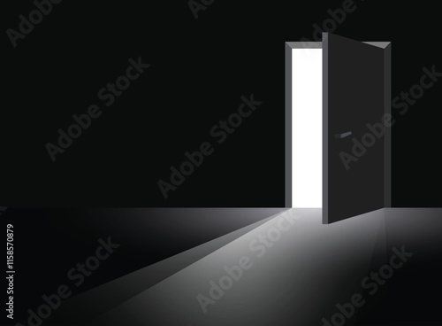 Open door with light icon in flat style. Dark room vector illustration on isolated background. Doorway entrance sign business concept.