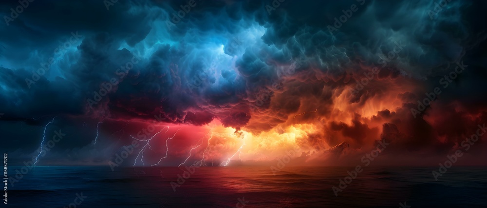 Dramatic Storm Clouds Illuminated by Lightning over Dark Ocean Waters at Dusk Dramatic Storm Clouds Illuminated by Lightning over Dark Ocean Waters at Dusk