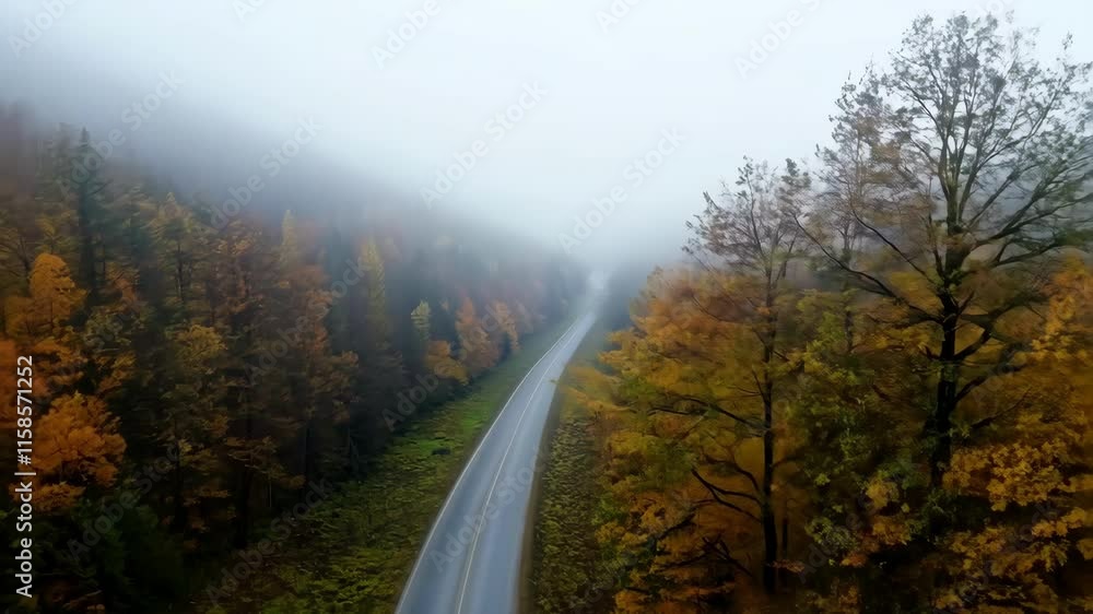 The Foggy Path: Drone's Eye View of an Autumn Forest Road The Foggy Path: Drone's Eye View of an Autumn Forest Road