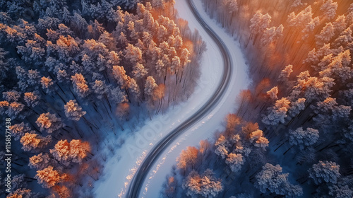 Zaśnieżona droga wijąca się przez zimowy las, oświetlona delikatnym światłem wschodzącego słońca, tworząca magiczną i spokojną atmosferę. photo