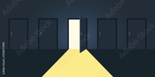 Open door with light icon in flat style. Dark room vector illustration on isolated background. Doorway entrance sign business concept.