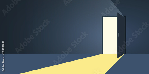 Open door with light icon in flat style. Dark room vector illustration on isolated background. Doorway entrance sign business concept.